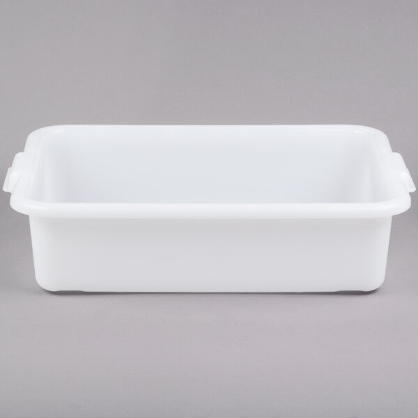 A white rectangular Vollrath plastic container with handles.
