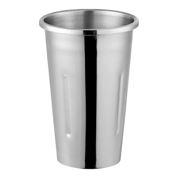 A silver stainless steel AvaMix malt cup with a black rim.