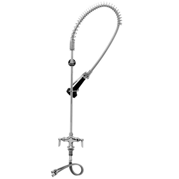 A T&S chrome deck mounted pre-rinse faucet with a curved hose.