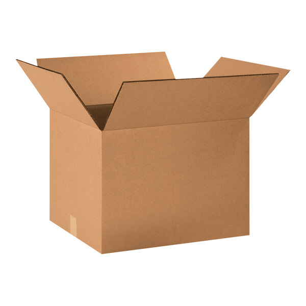 A brown Lavex cardboard shipping box with an open lid.