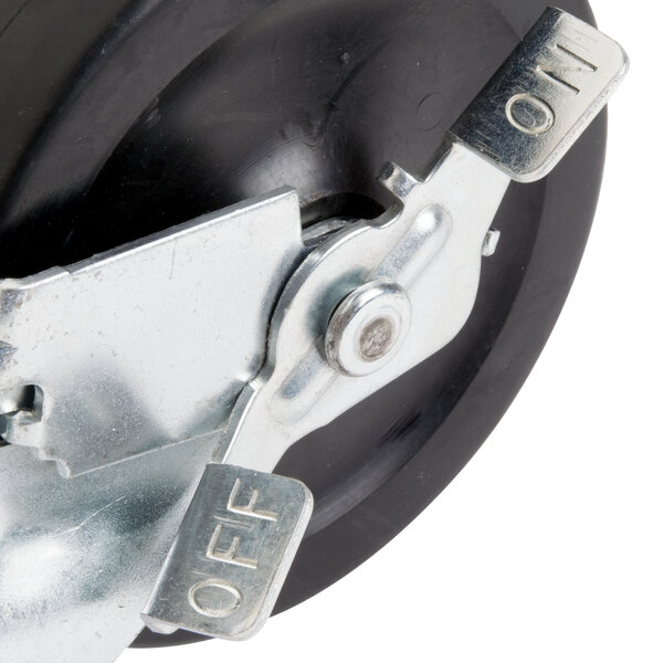A black Vollrath swivel caster with metal bolts.