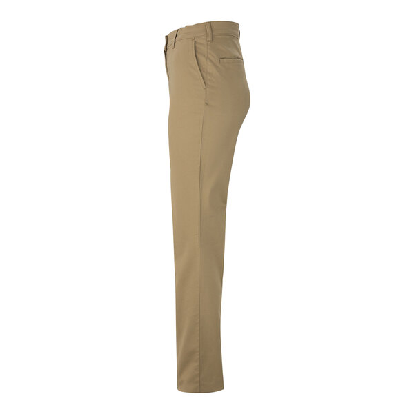 A close up of tan Edwards 4-way stretch pants with a buttoned waist.