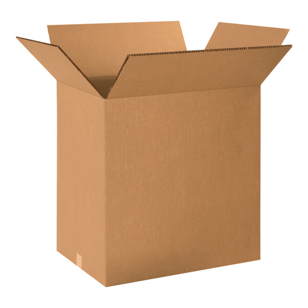 A close-up of a Lavex cardboard shipping box with an open lid.