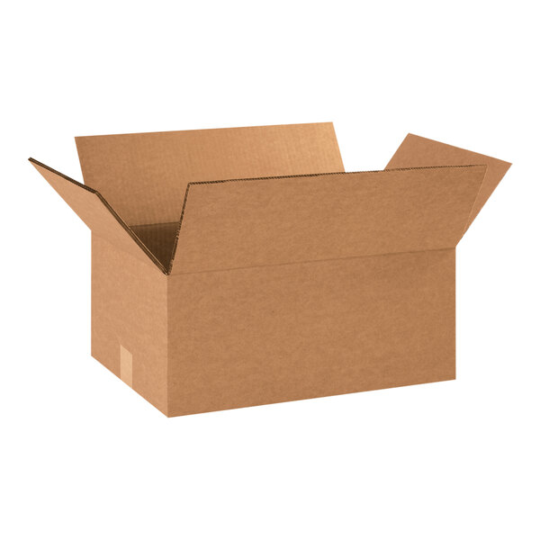 A brown Lavex cardboard shipping box with a lid open.