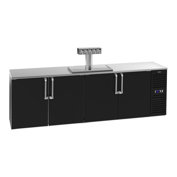 A black Krowne beer dispenser with silver taps and a right side compressor.