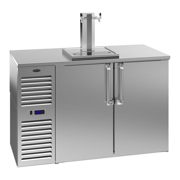 A stainless steel Krowne beer dispenser with two taps.