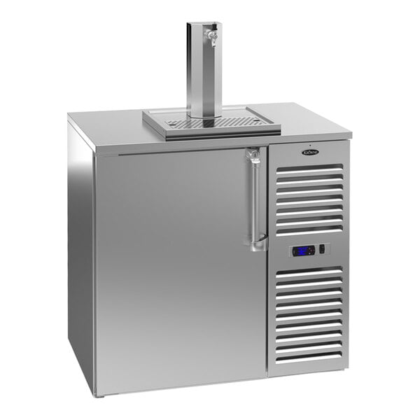 A stainless steel Krowne beer kegerator with a tap on the right side.