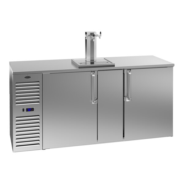 A stainless steel Krowne beer dispenser with taps on the left.