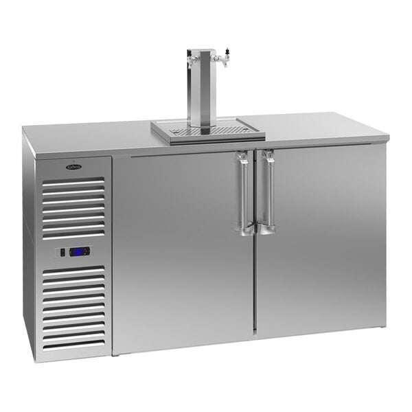 A stainless steel Krowne beer dispenser with two taps.