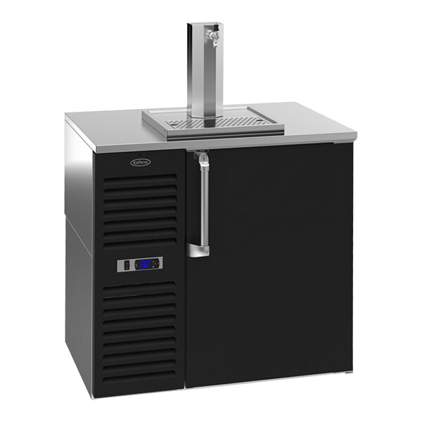 A black Krowne beer dispenser with a stainless steel door and silver tap.