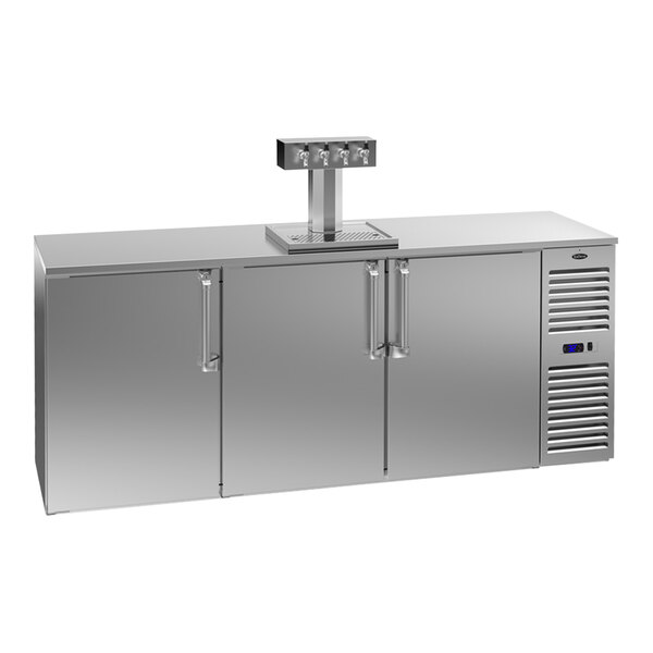 A stainless steel Krowne beer dispenser with four taps on the right side.