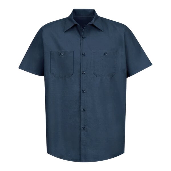 A Red Kap men's short sleeve navy work shirt with pockets.