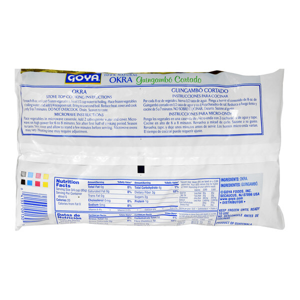 A 1-pound bag of Goya individually quick frozen (IQF) cut okra.