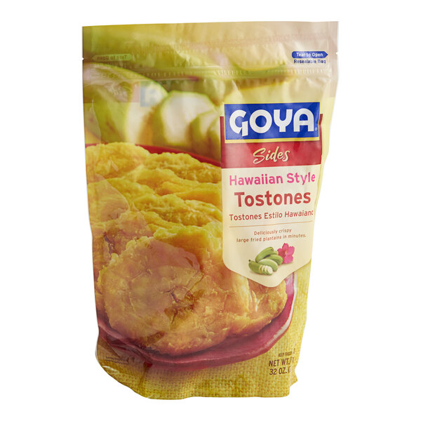 A bag of Goya Hawaiian style tostones on a white background with a label.