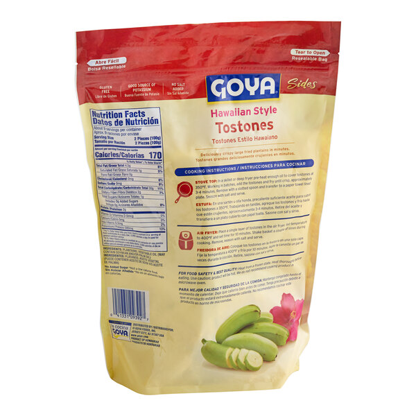 A bag of Goya Hawaiian Tostones with a label on a white background.