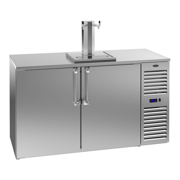 A stainless steel Krowne beer dispenser with two taps.