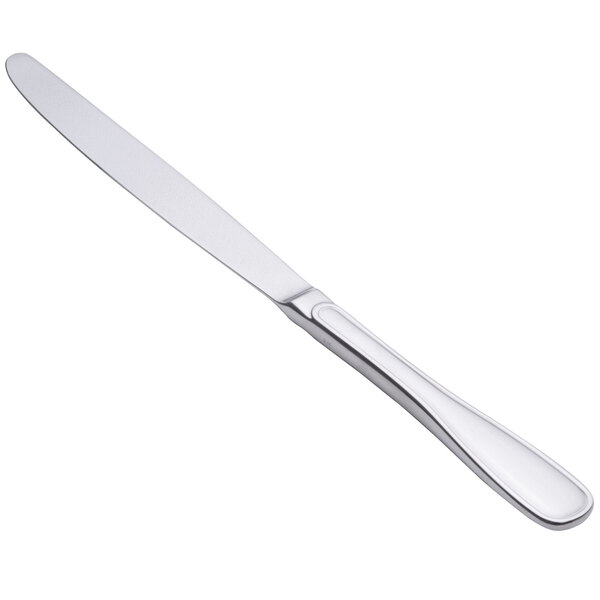 A Oneida Stanford stainless steel dinner knife with a white background.