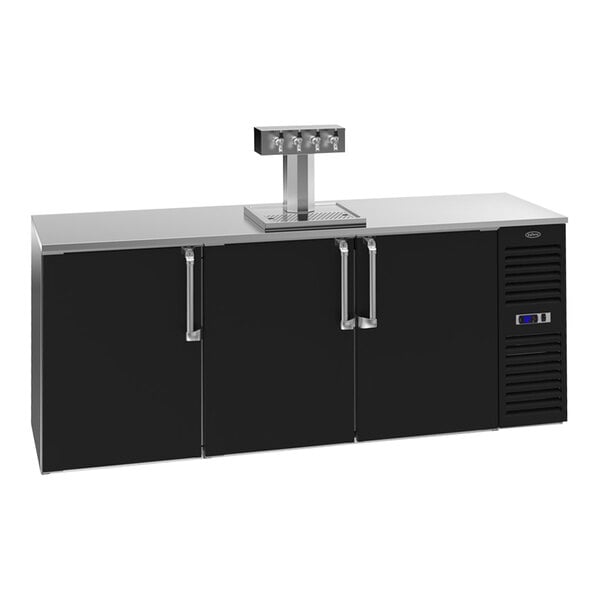 A black Krowne beer dispenser with a silver handle.