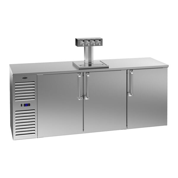 A stainless steel Krowne beer dispenser with four taps.