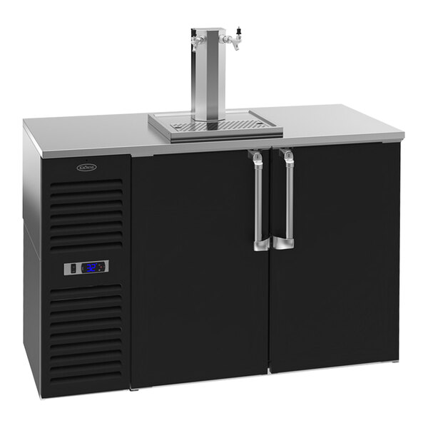 A black Krowne kegerator with a double tap and narrow door with a silver compressor on the left.