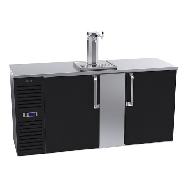 A black and stainless steel Krowne beer dispenser with three taps.