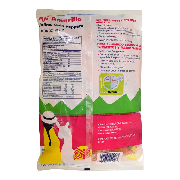 A 1 lb. bag of Goya Los Andes IQF Aji Amarillo yellow hot peppers.