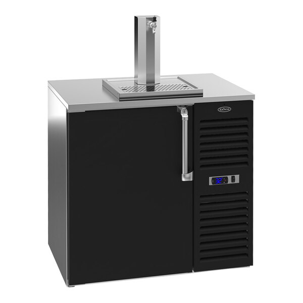 A black Krowne beer dispenser with a silver door and a tap on the right side.