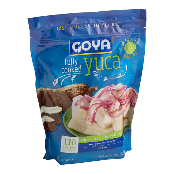 A blue bag of Goya Fully Cooked Yuca on a white background.
