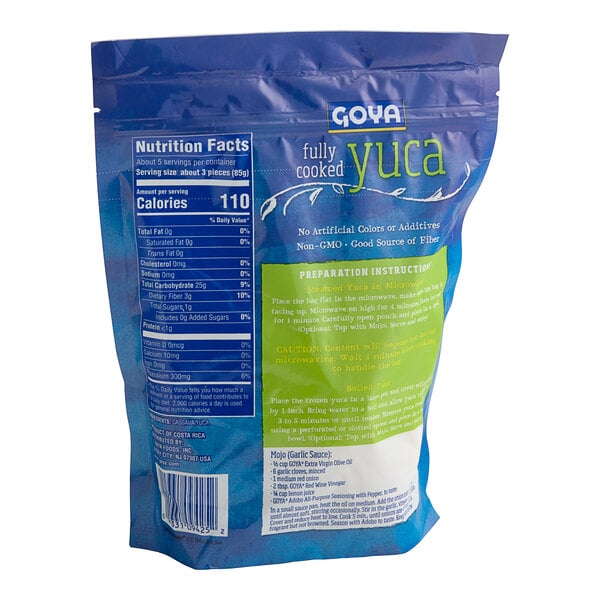 A blue bag of Goya Fully Cooked Yuca with white and green text.