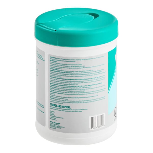 A white canister with a teal lid, featuring a label with text and a barcode, likely containing disinfecting wipes.