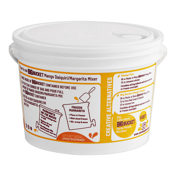 A white bucket with orange and yellow text reading "Master of Mixes Big Bucket Mango Daiquiri / Margarita Mix"