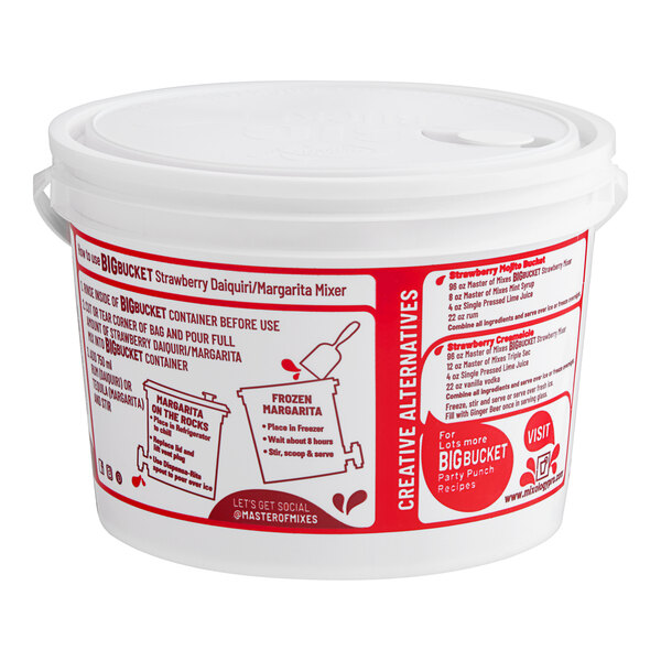A white container with red labels for Master of Mixes Big Bucket Strawberry Daiquiri / Margarita Mix.