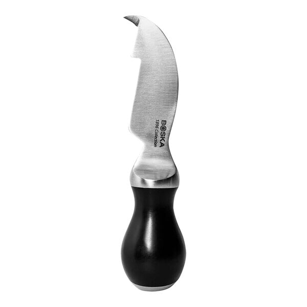 A Boska stainless steel cheese scoring knife with a black handle.