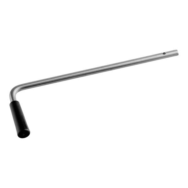 A metal waste valve twist handle with a black grip on one end.