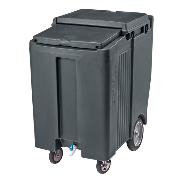 A large, gray, rectangular mobile bin with a sliding lid and four wheels, including two large rear wheels and two smaller front casters.