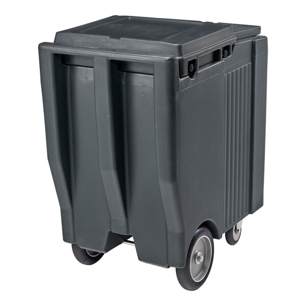 A large, gray, rectangular mobile bin with a fitted lid and two sturdy wheels.