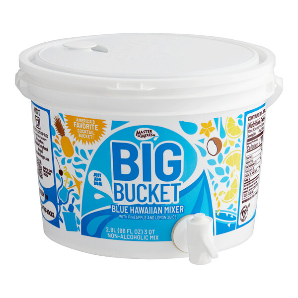 A white plastic container of Master of Mixes Big Bucket Blue Hawaiian Mix with a white lid and a blue label.