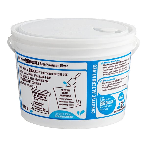 A white container with blue and white text for Master of Mixes Big Bucket Blue Hawaiian Mix.