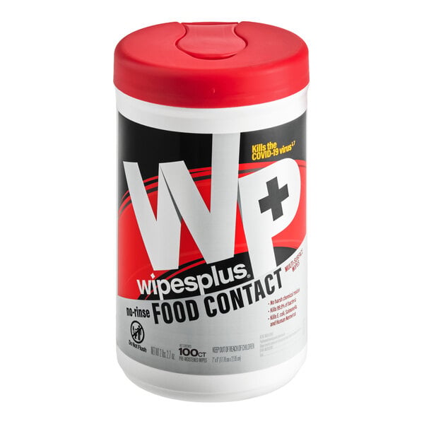 A cylindrical canister with a red lid and a label indicating it contains sanitizing wipes for food contact surfaces.