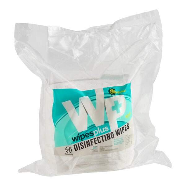 A clear plastic bag containing a refill pack of disinfecting wipes with a teal and white label.