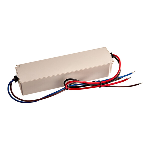 An Avantco LED driver in a white rectangular box with red and blue wires.