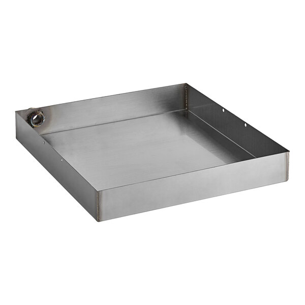 An Avantco stainless steel evaporator pan with a handle on it.