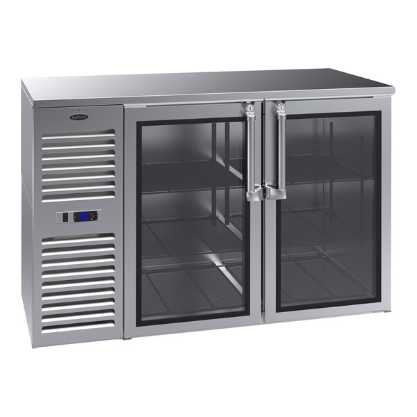 A Krowne stainless steel back bar refrigerator with glass doors.