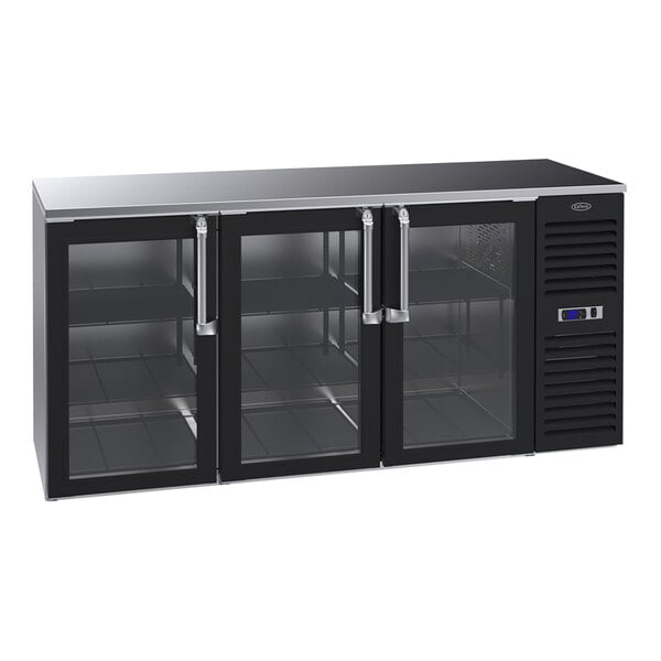 A black Krowne back bar refrigerator with glass doors and a stainless steel top.