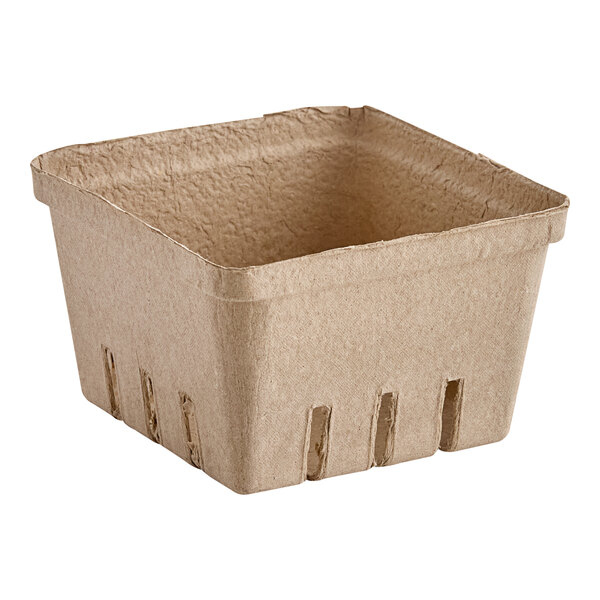 A square, brown pulp produce basket with slotted sides.