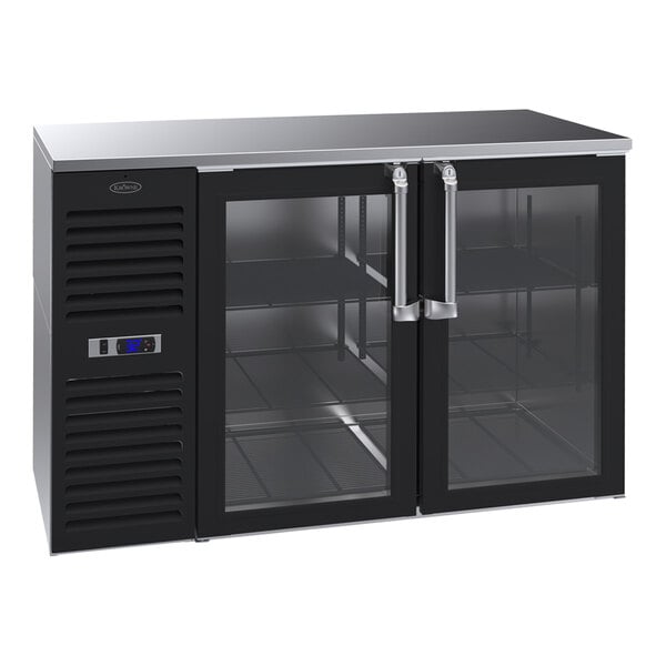 A Krowne black back bar refrigerator with glass doors and stainless steel top.