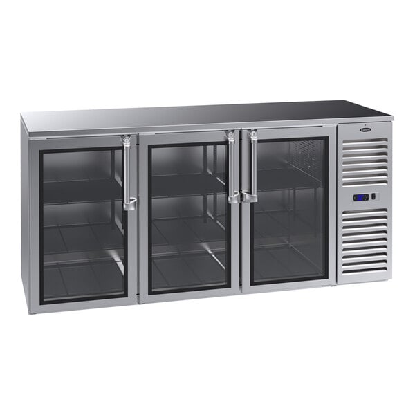 A Krowne stainless steel back bar refrigerator with glass doors.