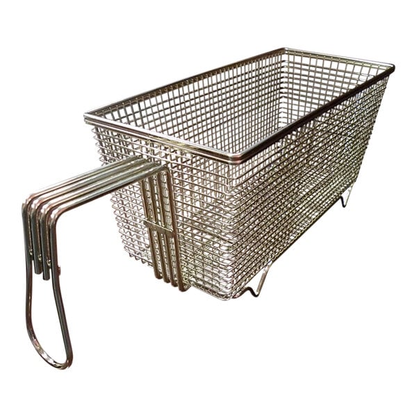 An AutoFry metal basket with handles.