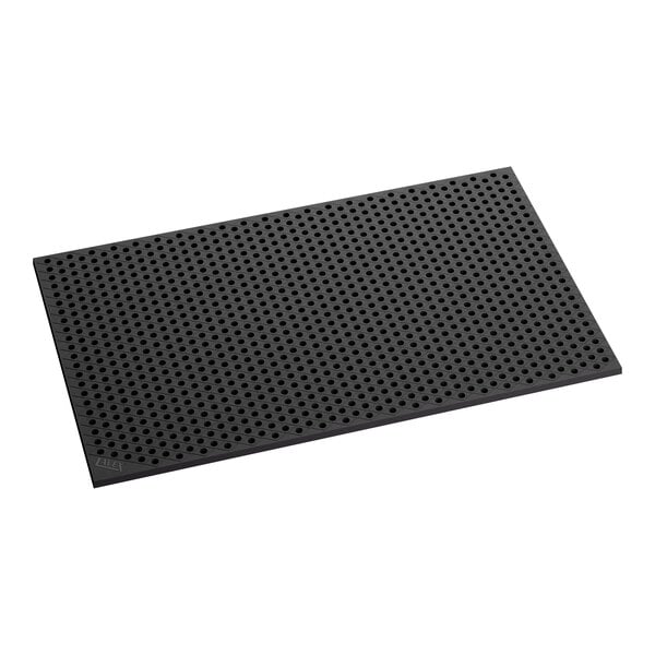 A black heavy-duty rubber anti-fatigue floor mat with a diamond pattern and straight edges, measuring 3 feet by 5 feet and 3/4 inch thick.