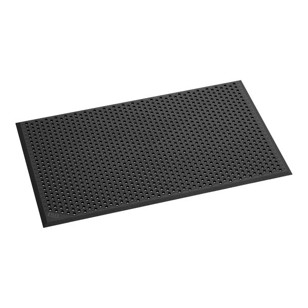 A 3' x 5' heavy-duty black rubber anti-fatigue floor mat with a diamond pattern and beveled edge.